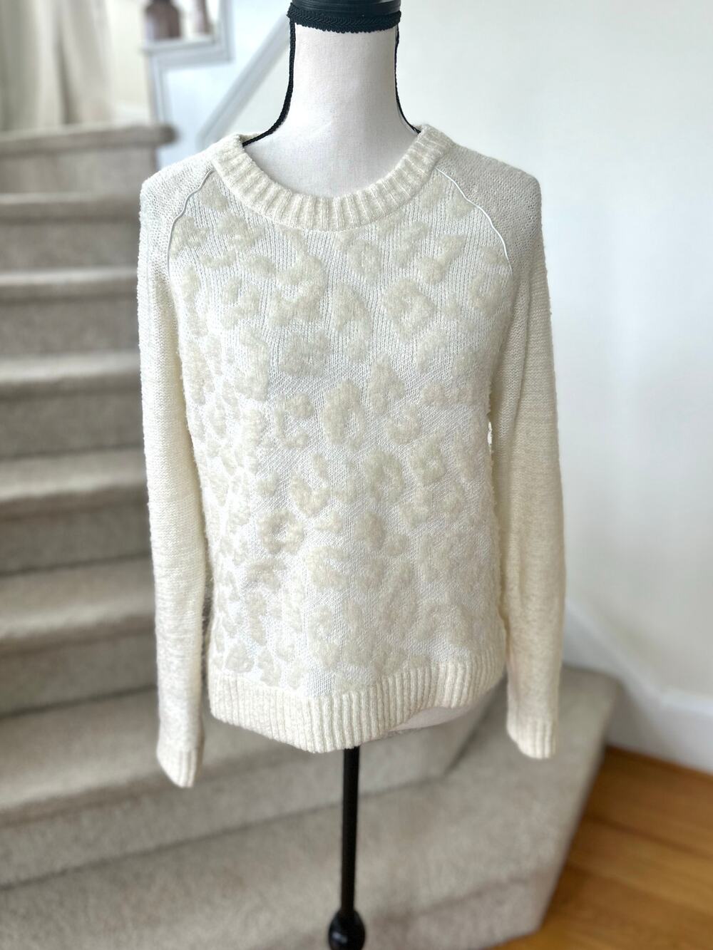 White+Warren Cream Leopard Print Leather Trim Wool Blend Sweater